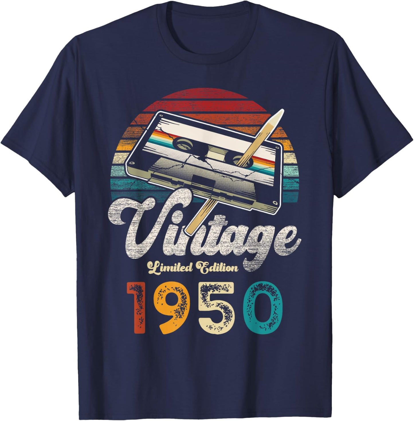 Vintage 1950 Birthday 75 Years Cassette Pencil T-Shirt - T-Shirt | Navy