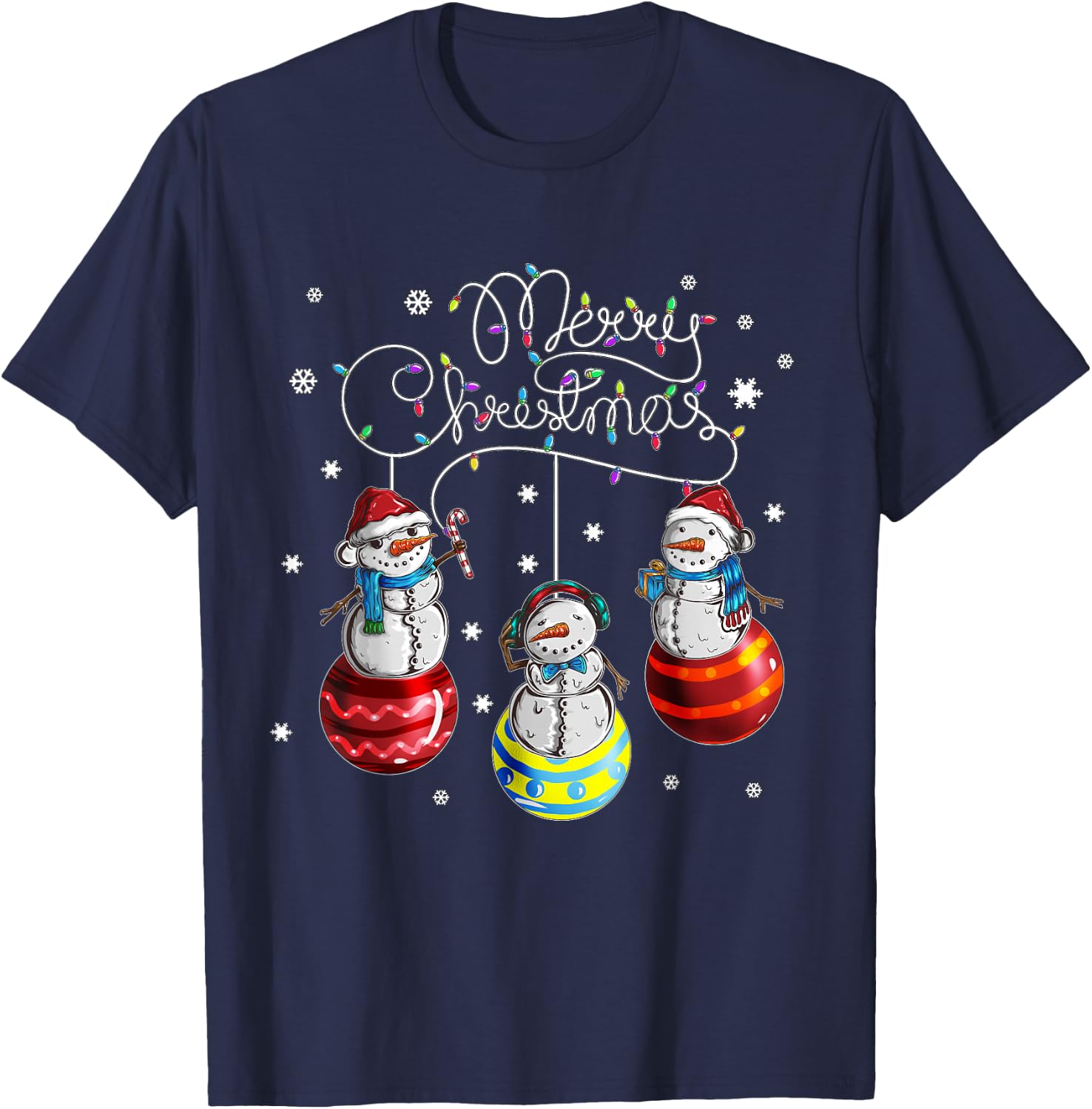 Merry Christmas Bauble Motif Festive Snowman , black T-Shirt - T-Shirt | Navy