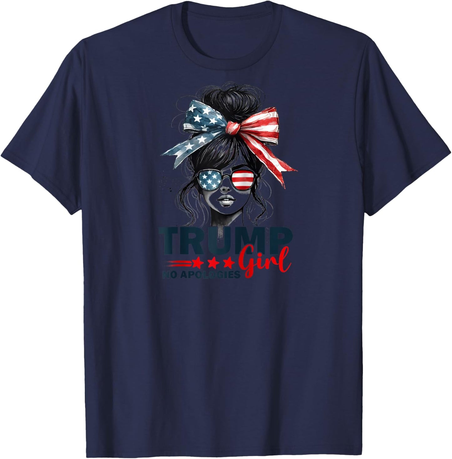 Trump Girl No Apologies Messy Bun Sunglasses Trump 2024 USA Raglan Baseball T-Shirt - T-Shirt | Navy
