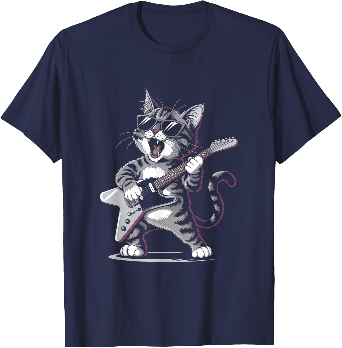 Cat Playing Guitar - Fun Cat Lover and Guitarist Artwork Men Women Girls Kids T-Shirt - T-Shirt | Navy