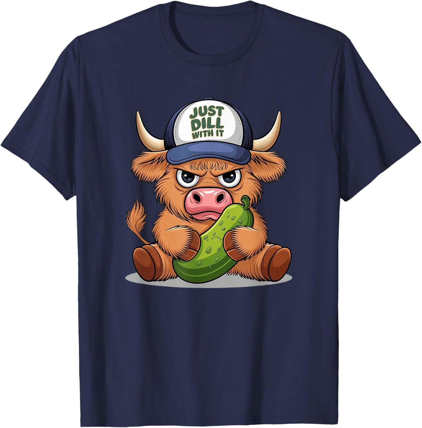 Scottish Cute Highland Cow Pickle Hat Just Dill With It T-Shirt - T-Shirt | Navy