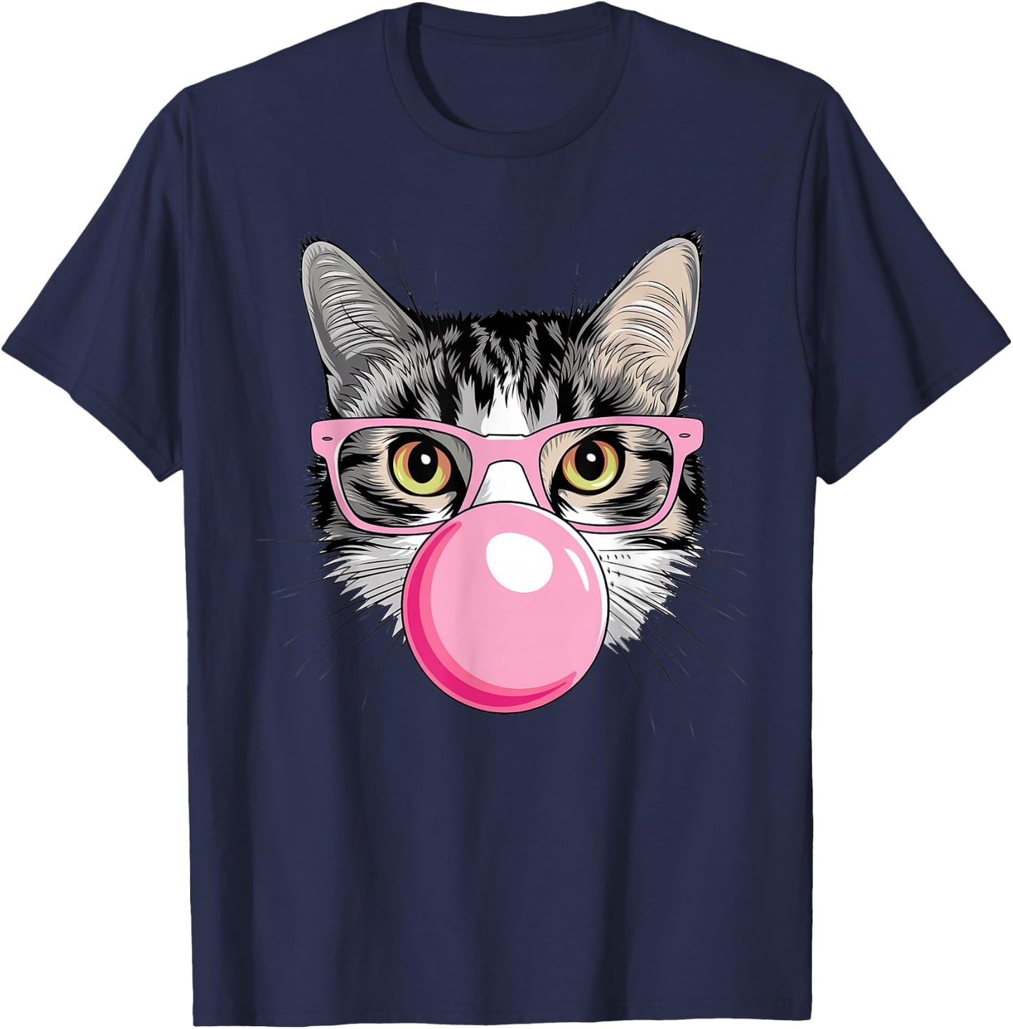 Funny Cat with Glasses Blowing Bubble Gum T-Shirt - T-Shirt | Navy
