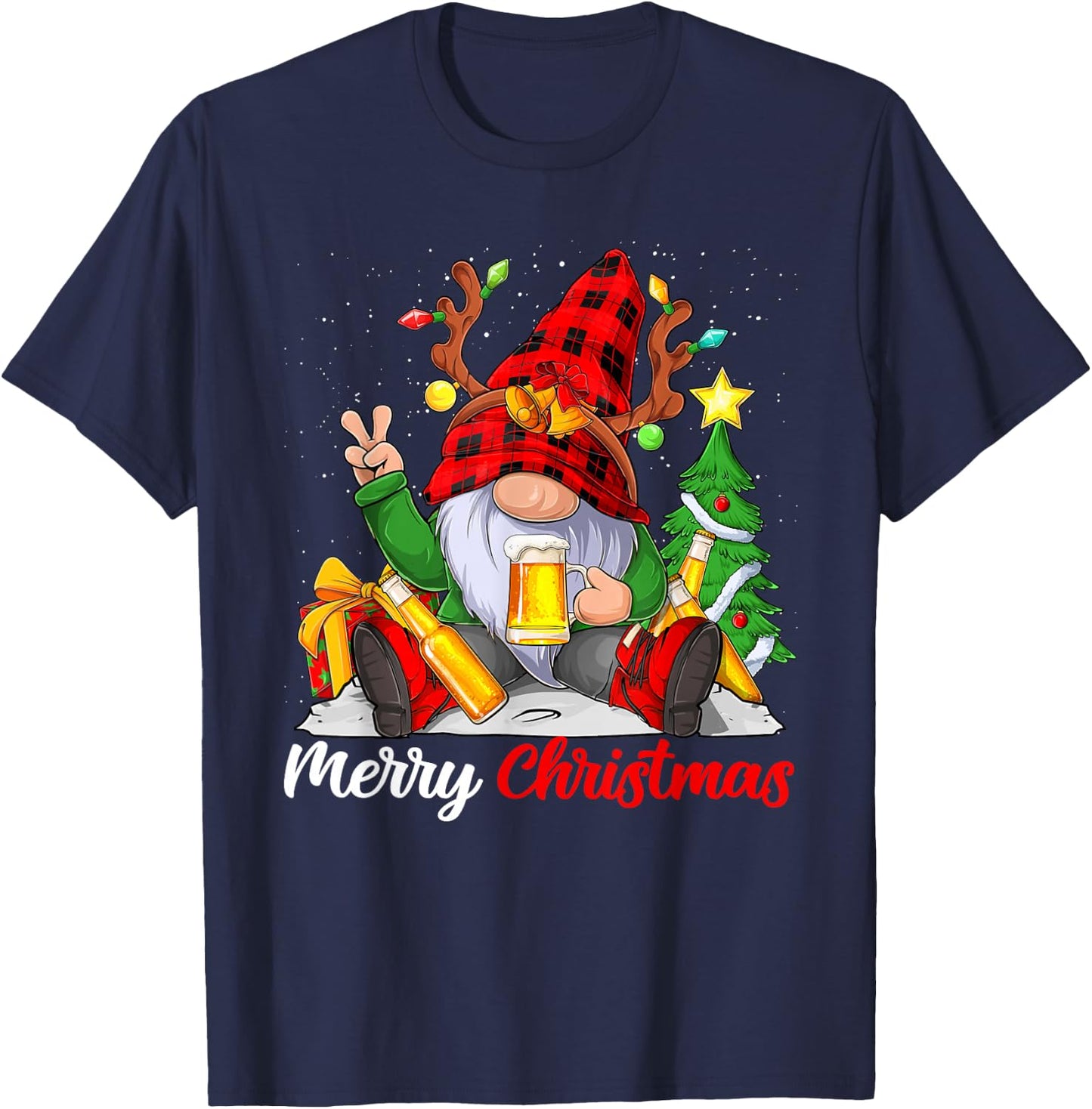 Funny Merry Christmas Beer Lover Men Women Gnome Lovers T-Shirt - T-Shirt | Navy