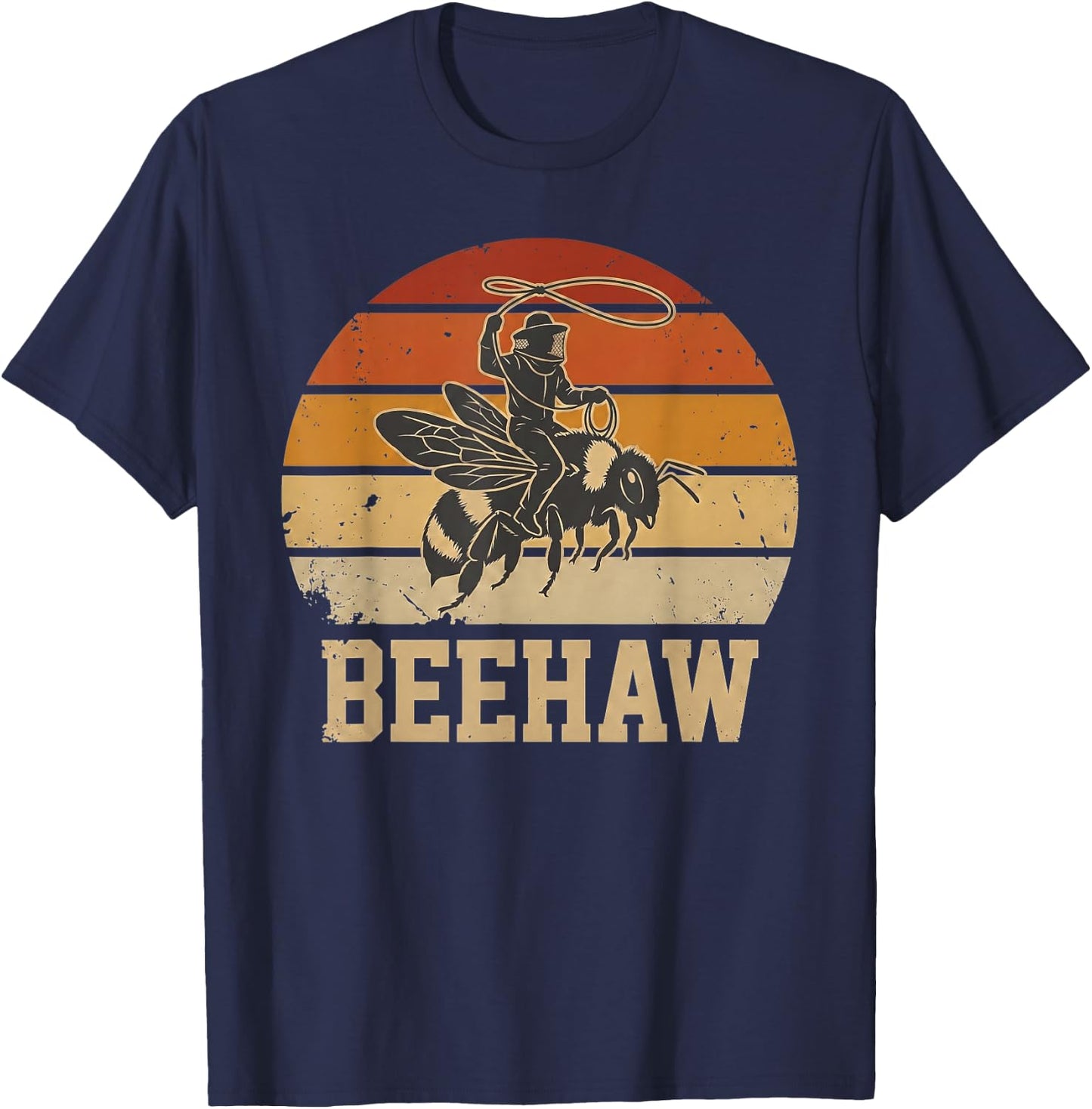Beehaw Funny Beekeeper Cowboy Bee Rider Retro Sunset Farm T-Shirt - T-Shirt | Navy