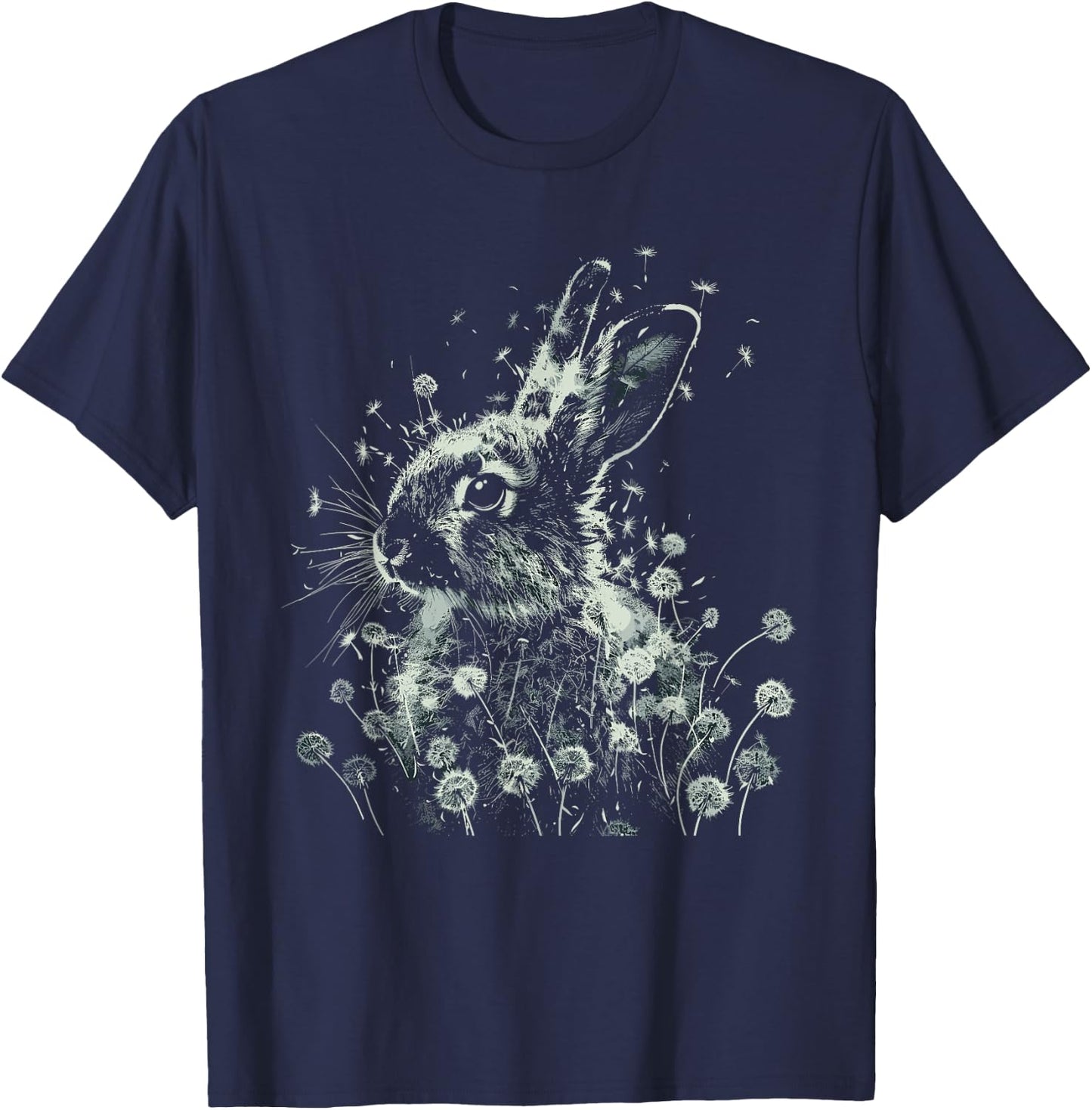 Rabbit Dandelion Wildlife Animal Bunny Nature Art T-Shirt - T-Shirt | Navy