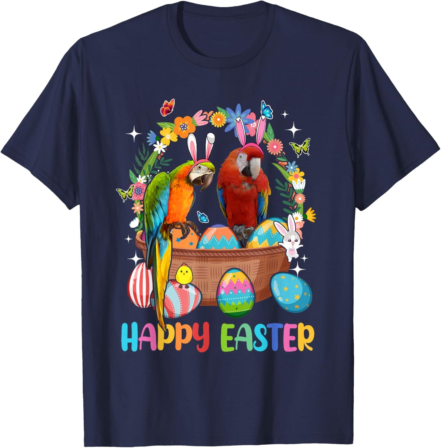 Happy Easter Three Cute Bunny Parrots In Eggs Basket Lover T-Shirt - T-Shirt | Navy