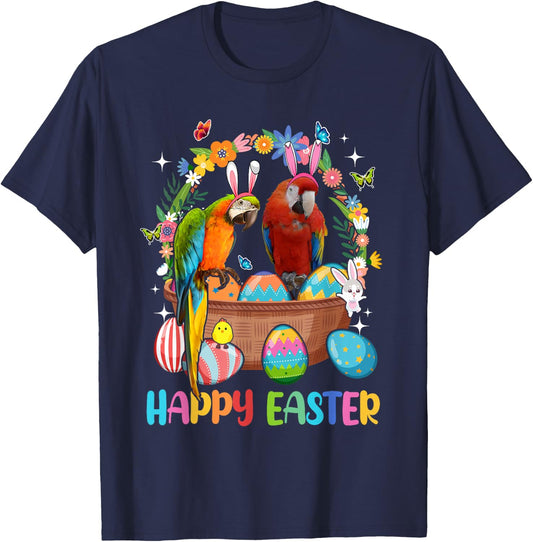 Happy Easter Three Cute Bunny Parrots In Eggs Basket Lover T-Shirt - T-Shirt | Navy