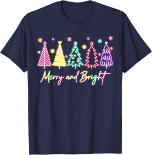 Merry Christmas Bright Christmas Tree Light Colorful Glowing T-Shirt - T-Shirt | Navy