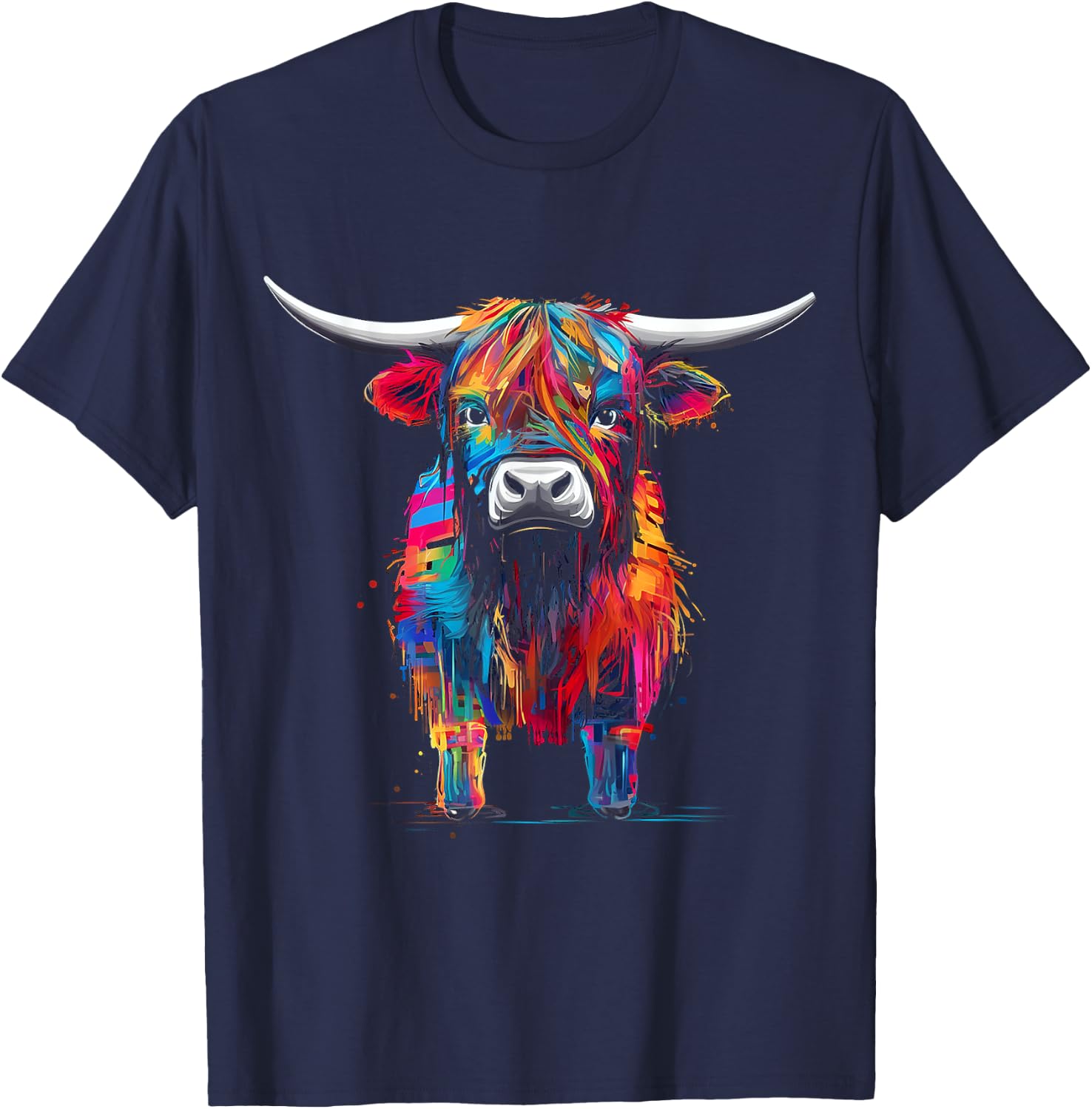 Highland Cow Abstract Art Animal Colorful Highland Cow T-Shirt - T-Shirt | Navy