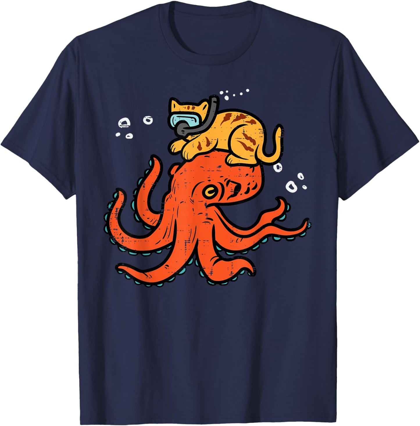 Snorkling Cat On Octopus Cute Kitten Pet Women Girls Kids T-Shirt - T-Shirt | Navy
