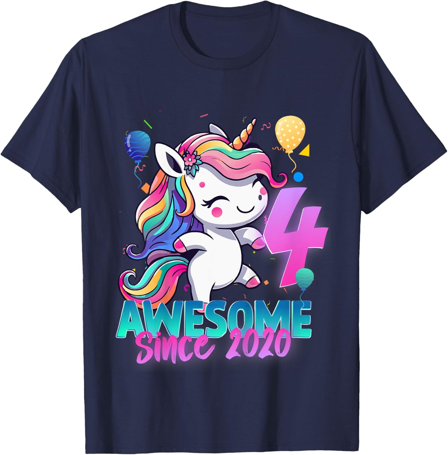 Kids 4th Birthday Girl Awesome Since 2020 4 Years Old Unicorn T-Shirt - T-Shirt | Navy