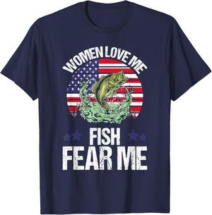 Funny Women Love Me Fish Fear Me Men Vintage Bass Fishing T-Shirt - T-Shirt | Navy