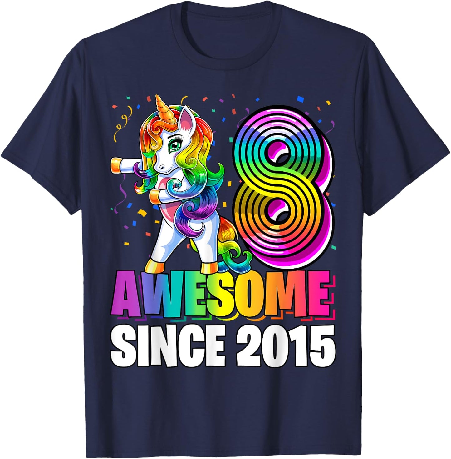 8 Awesome Since 2015 Flossing Unicorn 8th Birthday Girls T-Shirt - T-Shirt | Navy