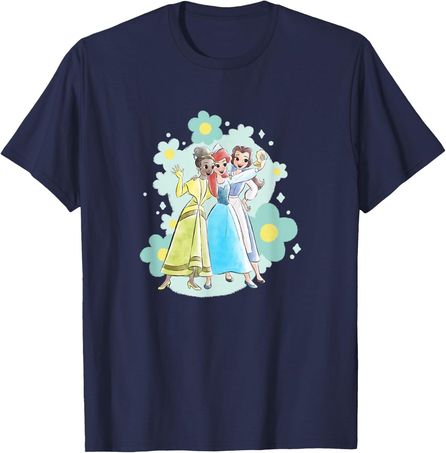 Disney Princess Belle Ariel Tiana Princess Selfie Florals T-Shirt - T-Shirt | Navy