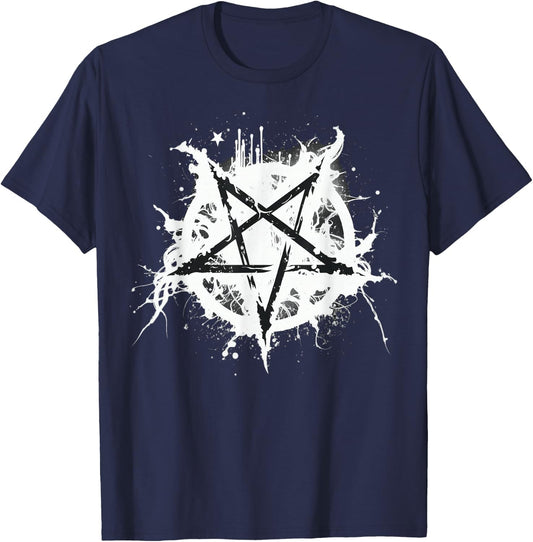 Schwarz-weißes satanisches Pentagramm T-Shirt - T-Shirt | Navy