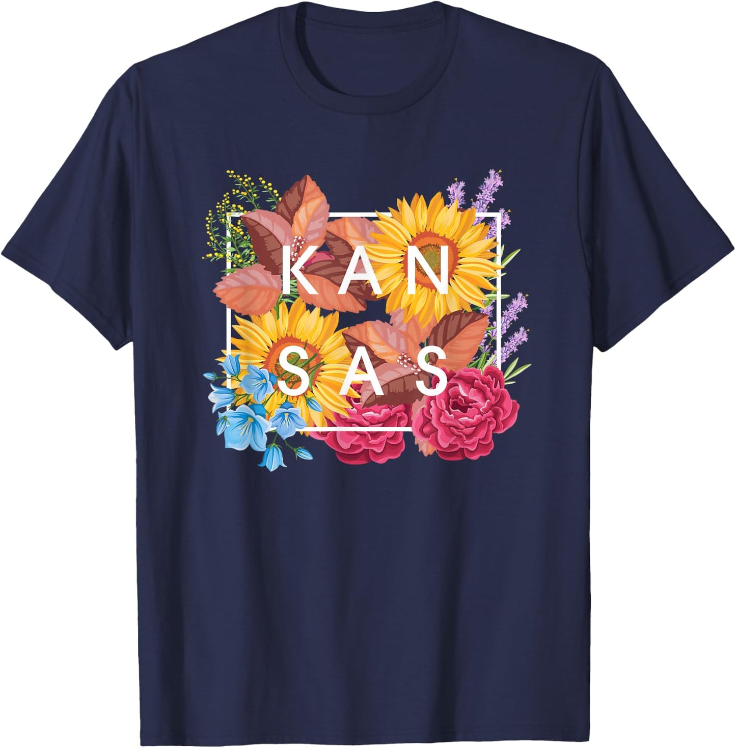 Flowers of Kansas Word Art - Kansan State Souvenir T-Shirt - T-Shirt | Navy