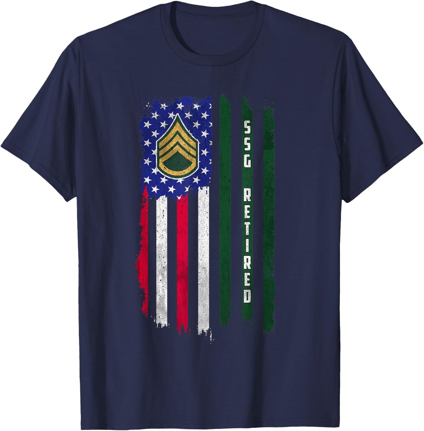 Retired E-6 Staff Sergeant SSG Rank American Flag Veteran T-Shirt - T-Shirt | Navy