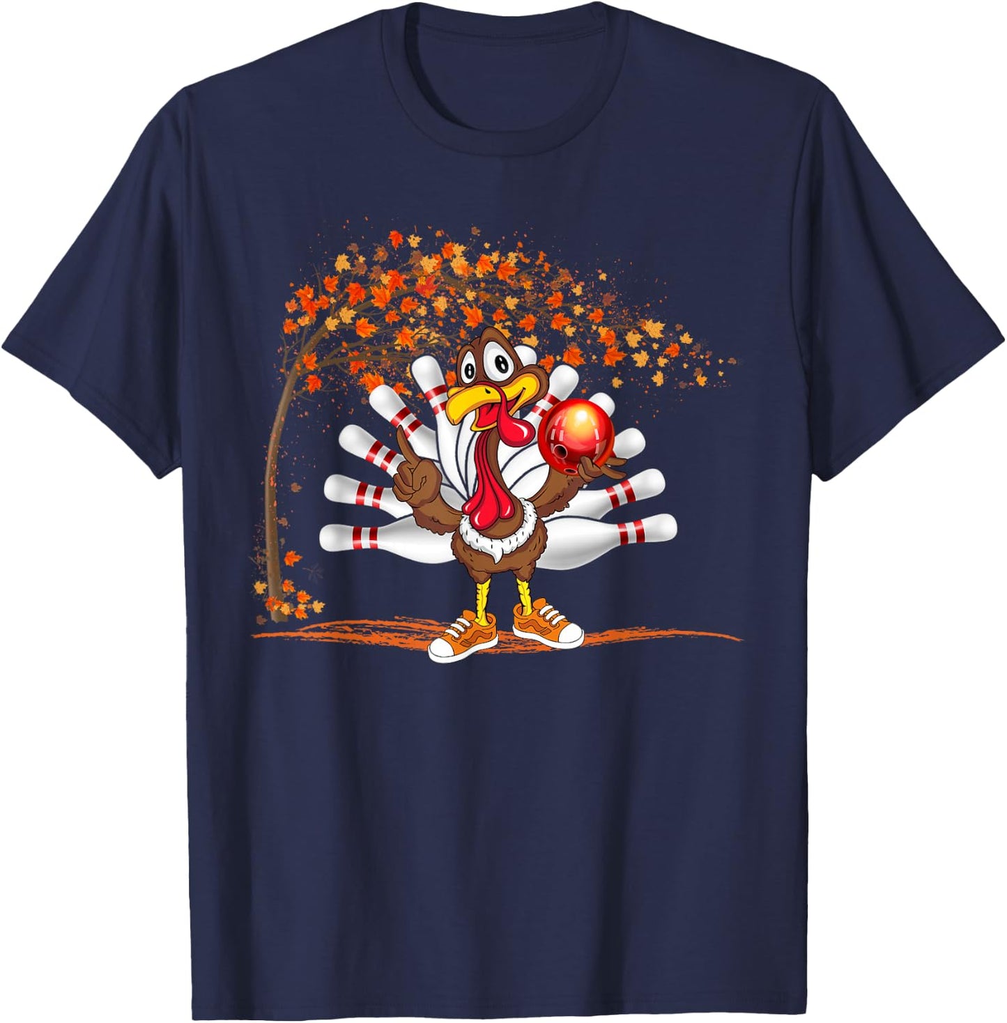 Turkey Playing Bowling Thanksgiving Turkey Tail Bowling T-Shirt - T-Shirt | Navy