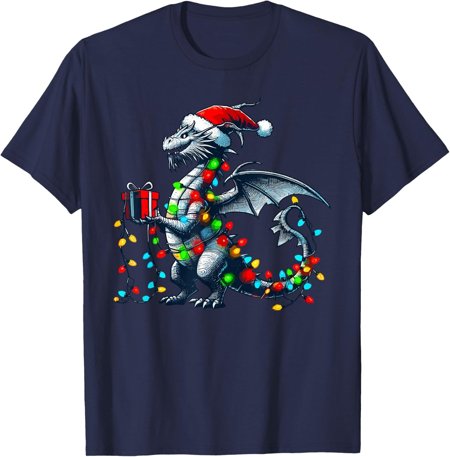 Dragon Wearing Santa Claus Hat Holding A Present Box Xmas T-Shirt - T-Shirt | Navy