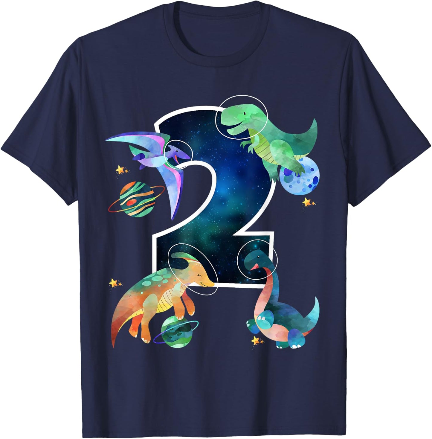 Kids Astronaut Outer Space Dinosaurs 2nd Birthday Boy Gift T-Shirt - T-Shirt | Navy