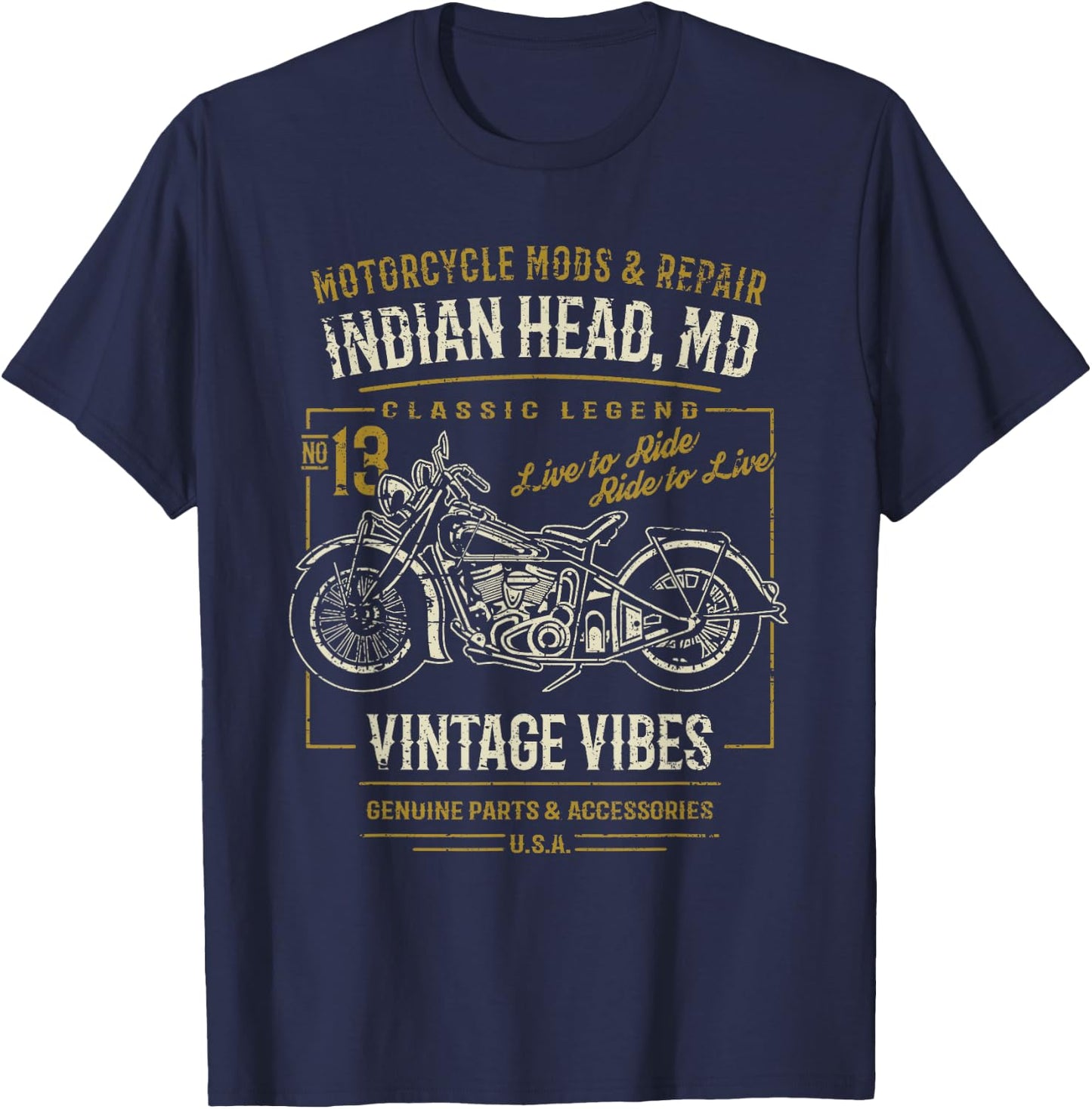 Indian Head Maryland USA Retro Motorcycle Design Distressed , Black, S T-Shirt - T-Shirt | Navy