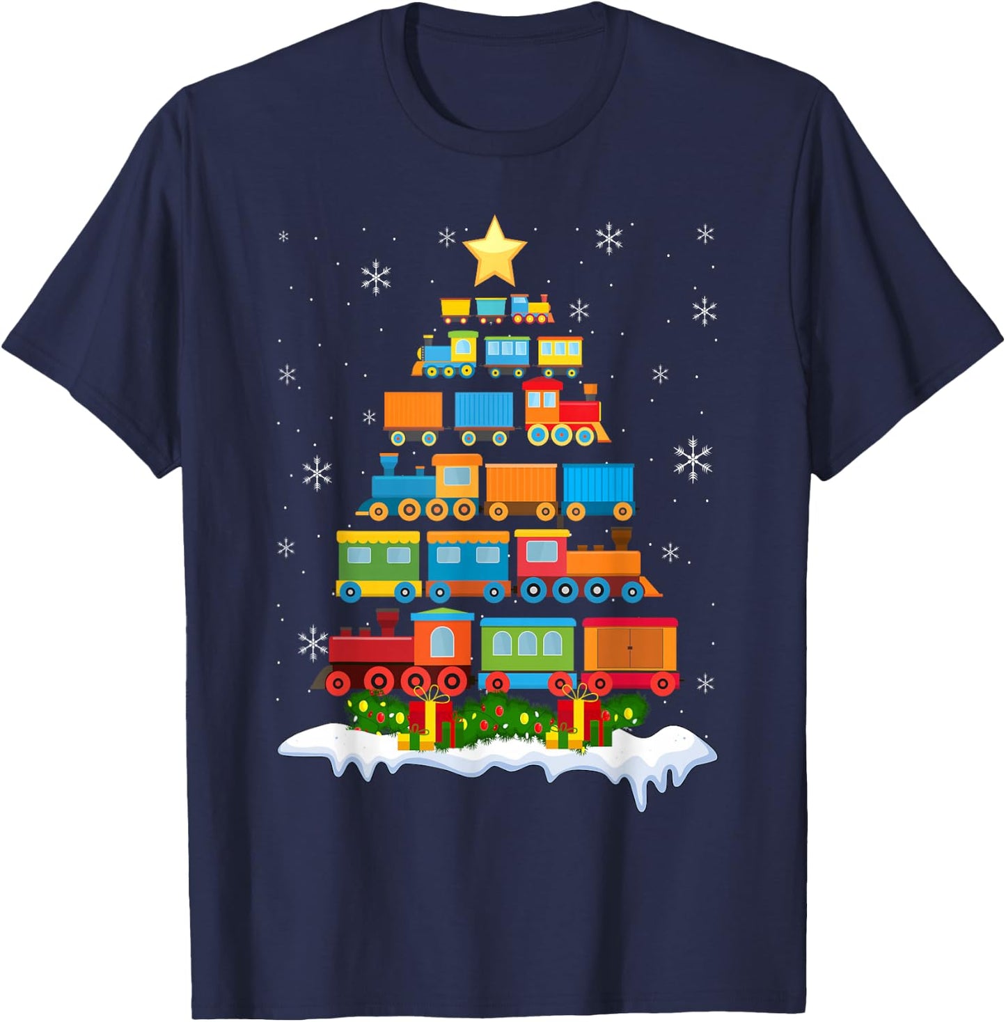 Train Lover Xmas Tree Santa Christmas Train T-Shirt - T-Shirt | Navy