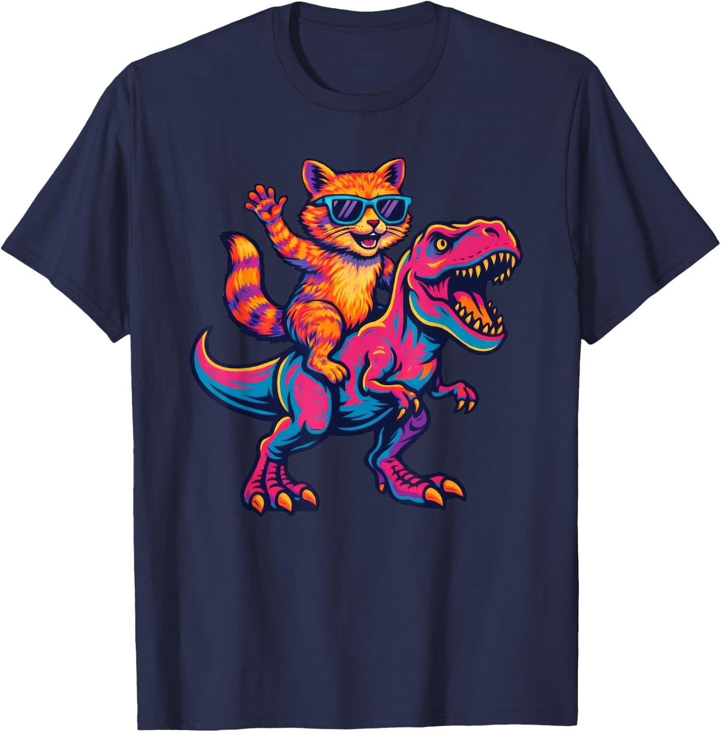 Orange Cat Colorful Dinosaur T-rex Tyrannosaurus T-Shirt - T-Shirt | Navy