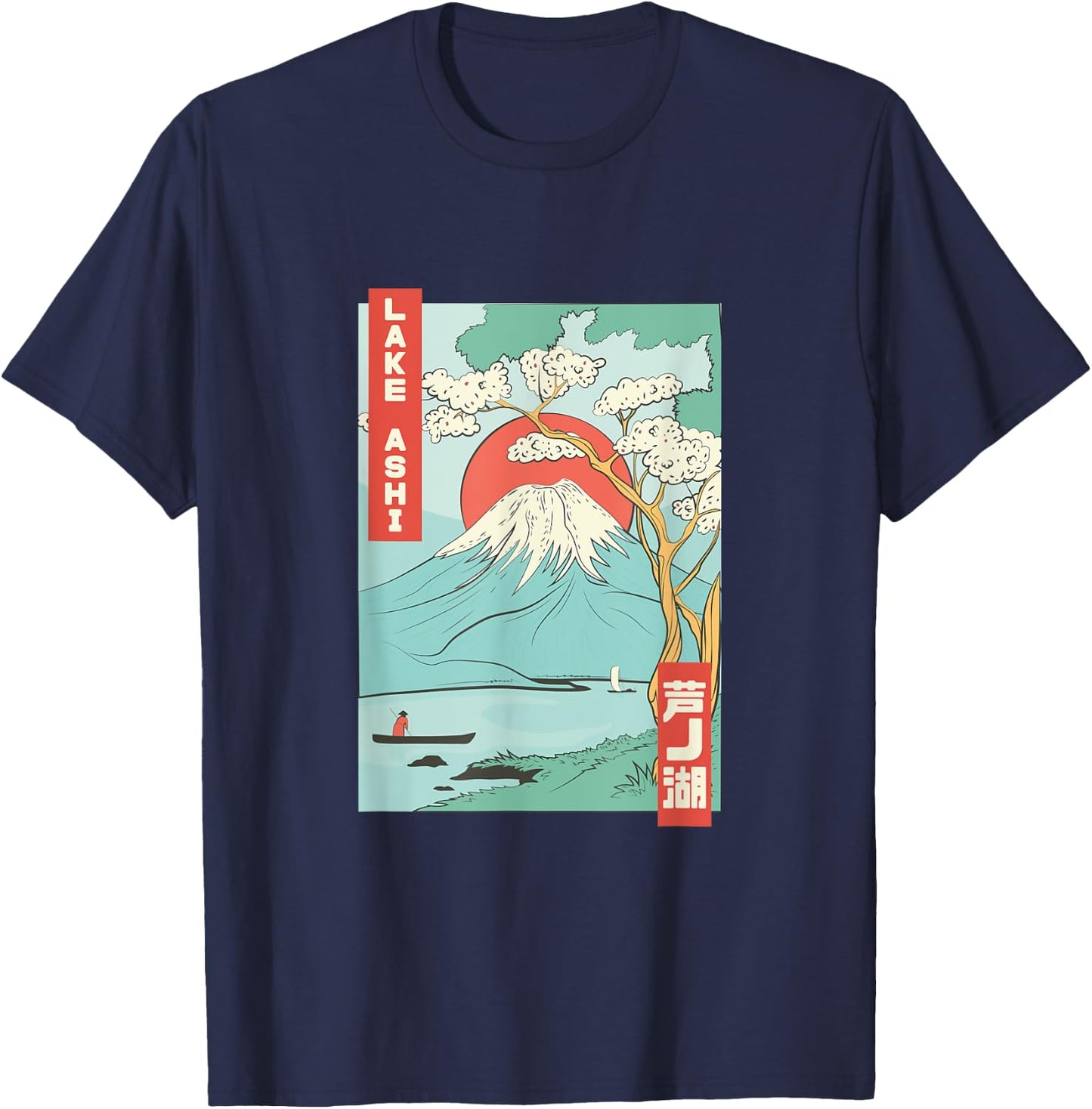 Lake Ashi Mount Fuji Japanese Cherry Blossom Japan T-Shirt - T-Shirt | Navy