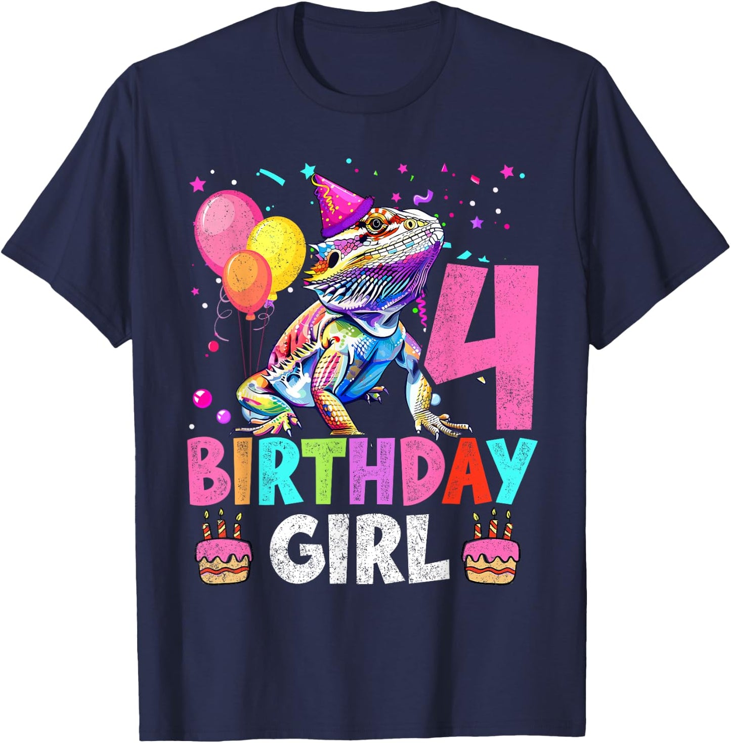4th Birthday Girl Bearded Dragon 4 Years Old Bday Party T-Shirt - T-Shirt | Navy