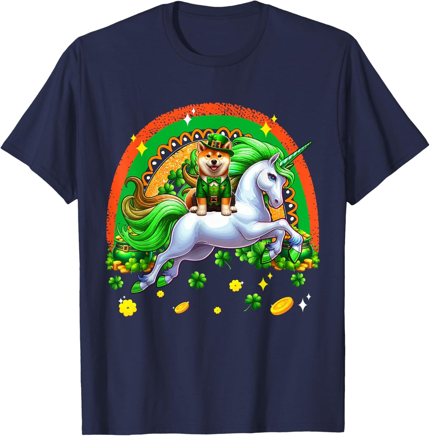 Patrick's Day Shiba Inu Riding Unicorn Shamrocks Rainbow T-Shirt - T-Shirt | Navy