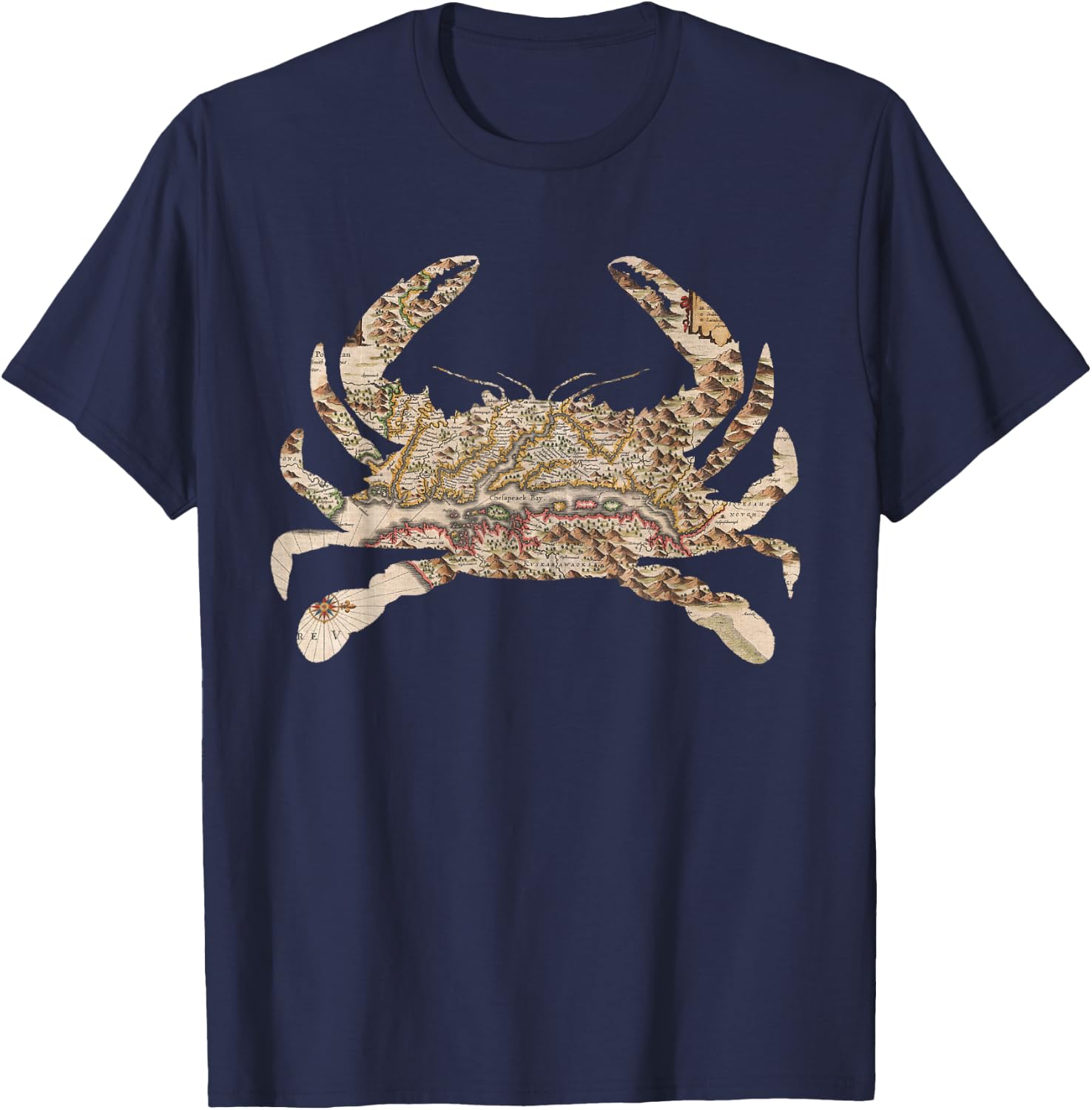 Chesapeake Bay Map (1630) Blue Crab Silhouette T-Shirt - T-Shirt | Navy