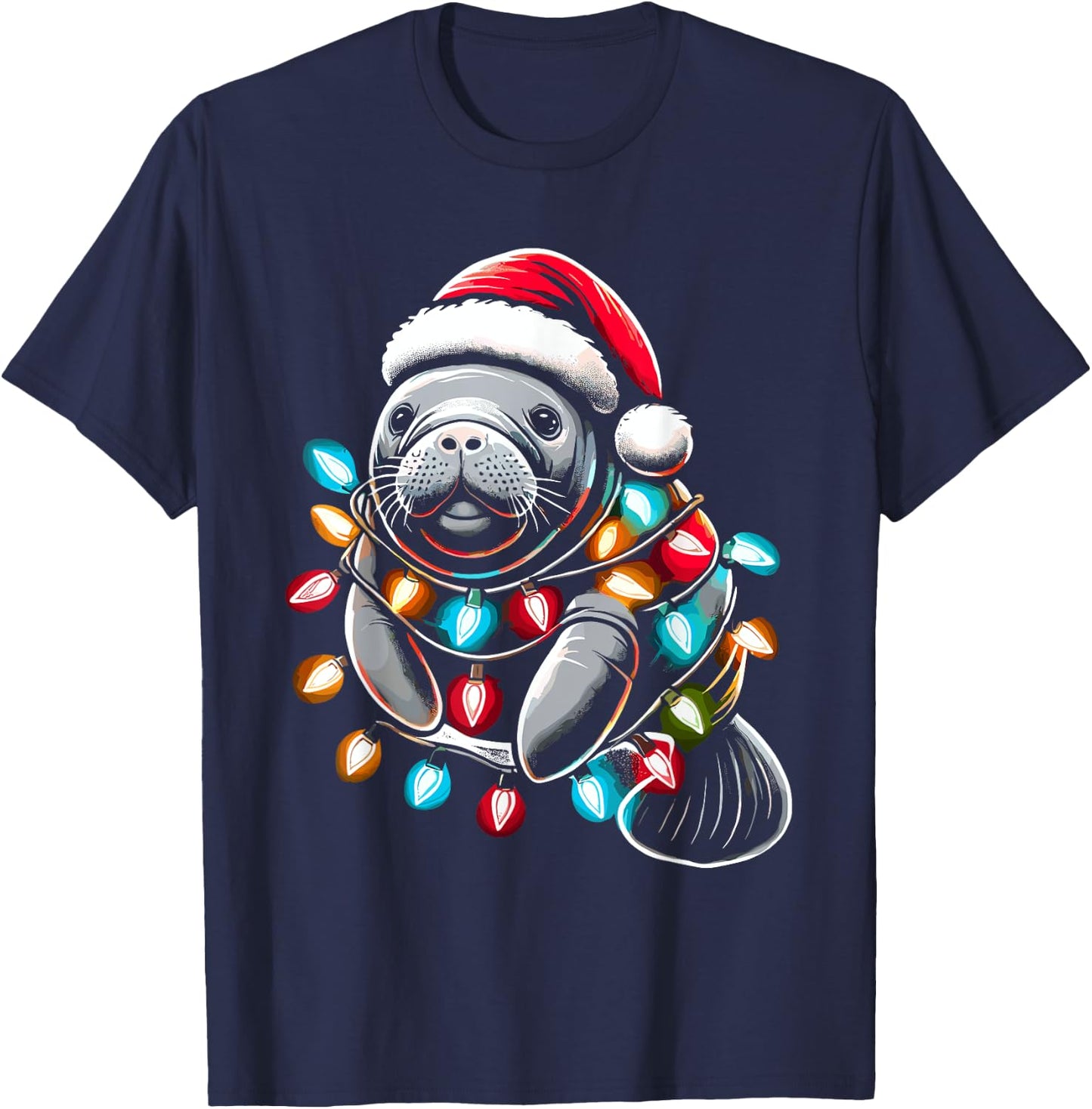 Manatee Santa Hat Christmas Lights Pajama Funny Xmas T-Shirt - T-Shirt | Navy