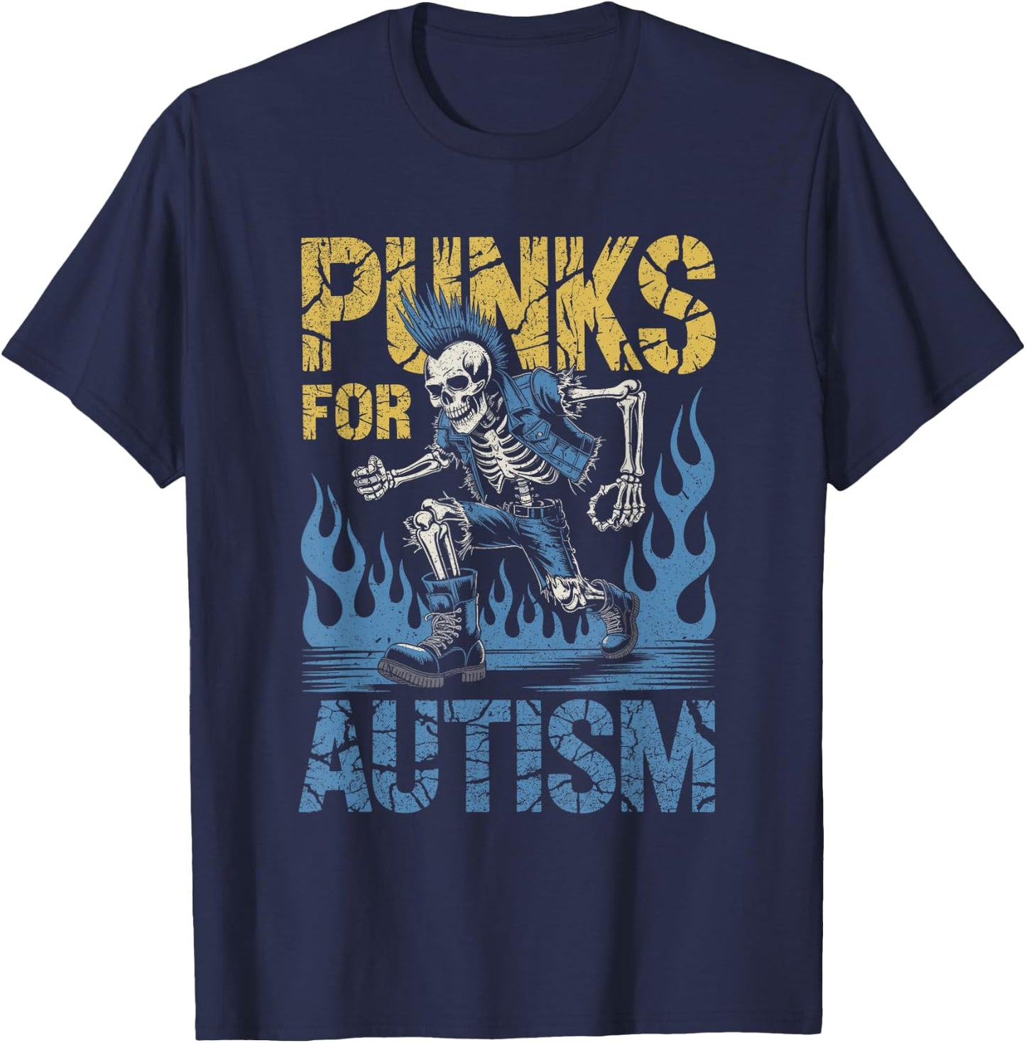 Punks for Autism Skeleton Mohawk Boots Sensibilisation aux Flammes T-Shirt - T-Shirt | Navy