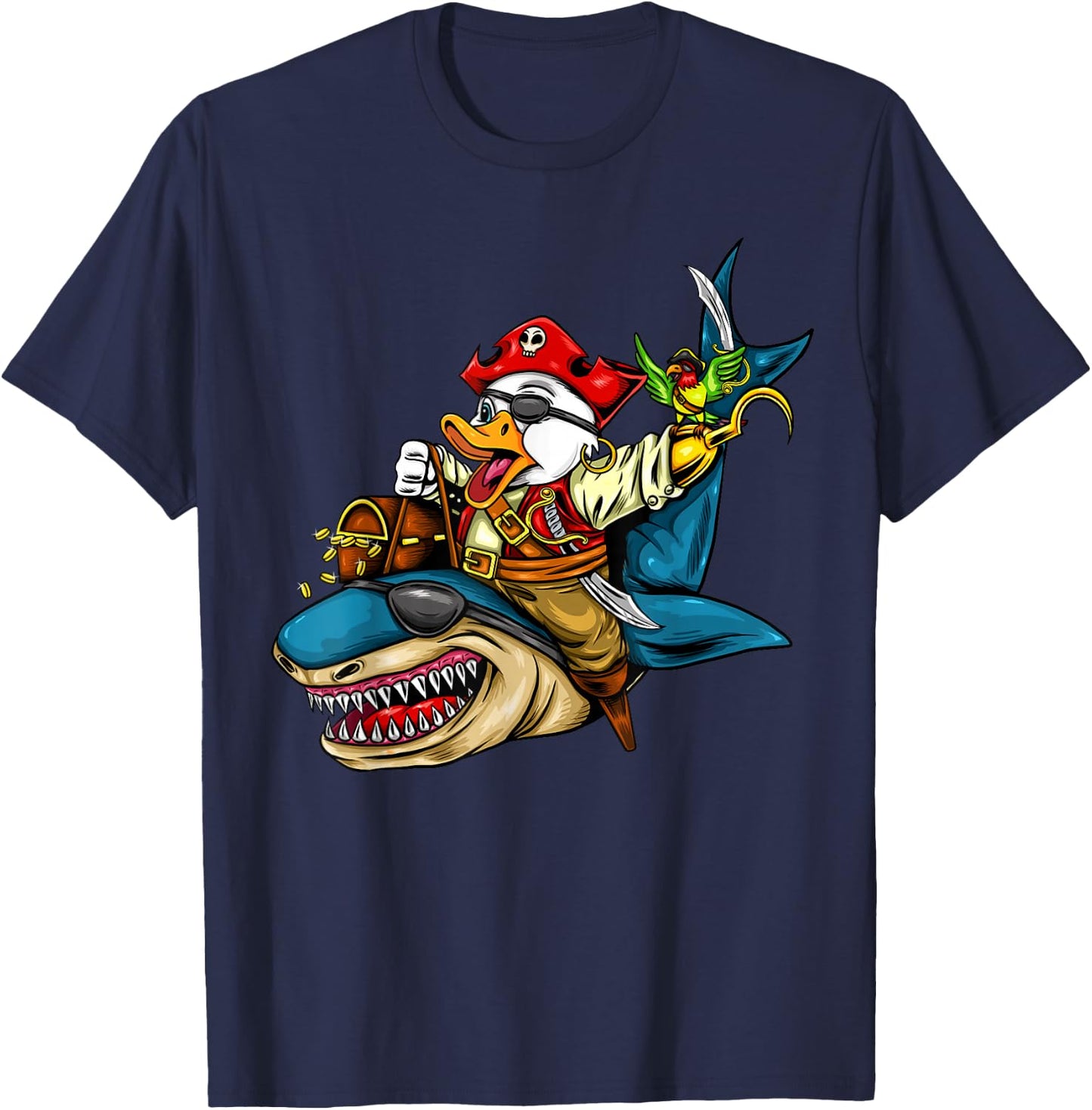 Pirate Duck Riding Shark Halloween T-Shirt - T-Shirt | Navy
