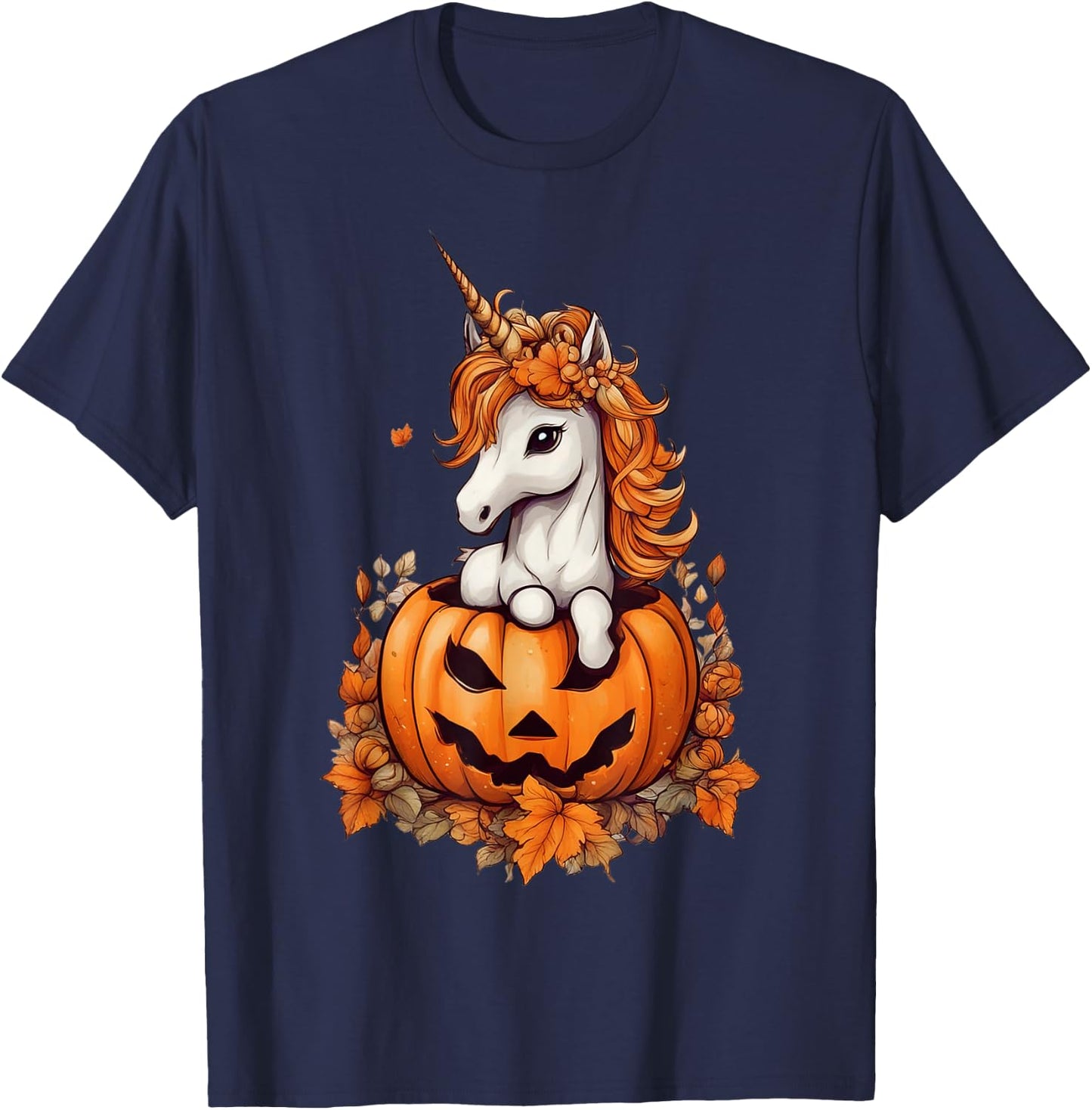 Cute Halloween Anime Kawaii Unicorn Pumpkin Girls T-Shirt - T-Shirt | Navy