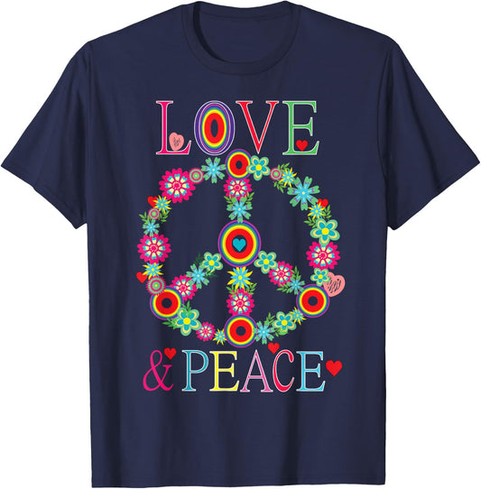 Peace Love 60s 70s Flower Power Hippie Outfit , black T-Shirt - T-Shirt | Navy