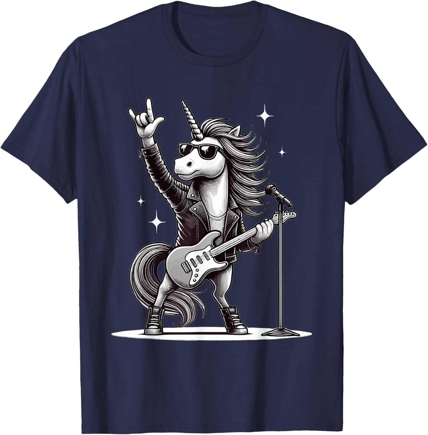 Rock Music & Heavy Metal, Rocker, Guitar, Unicorn, Rock Hand T-Shirt - T-Shirt | Navy