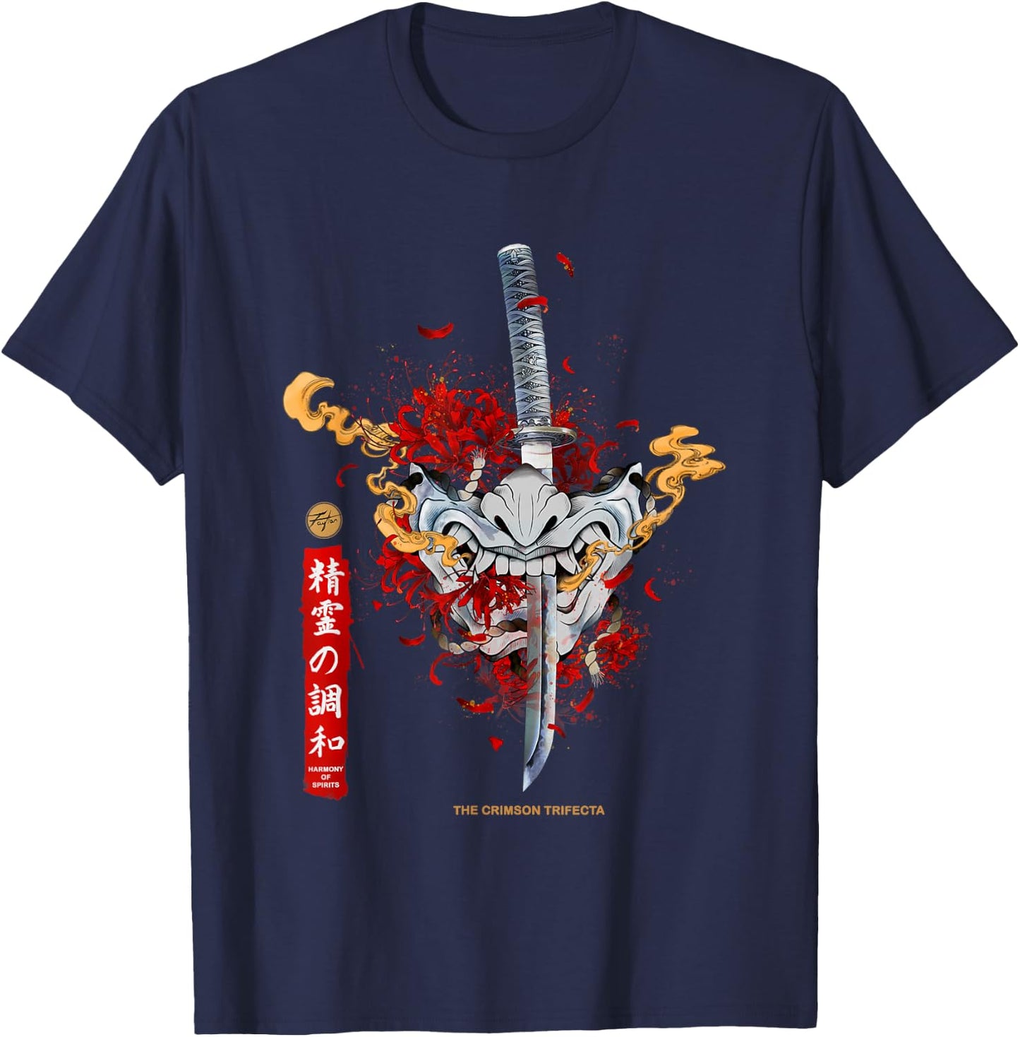 Red Spider Lily and Japanese Anime Retro Oni Samurai Mask T-Shirt - T-Shirt | Navy