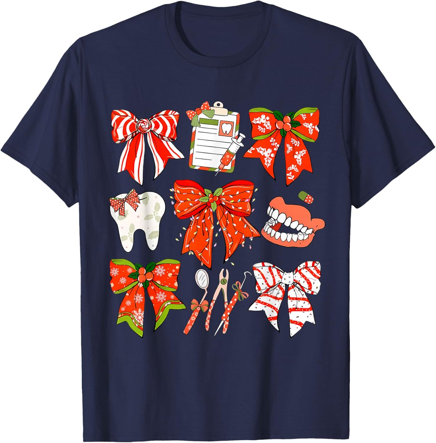 Coquette Bow Dental Christmas Dentist Dental Hygienist T-Shirt - T-Shirt | Navy