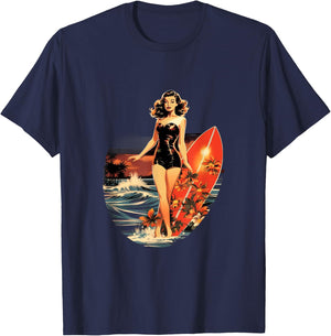 Pinup Girl Surfer Surfboarding Vintage T-Shirt - T-Shirt | Navy