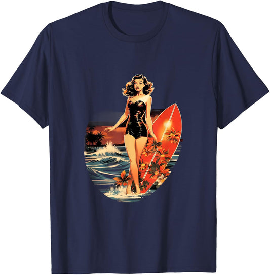 Pinup Girl Surfer Surfboarding Vintage T-Shirt - T-Shirt | Navy