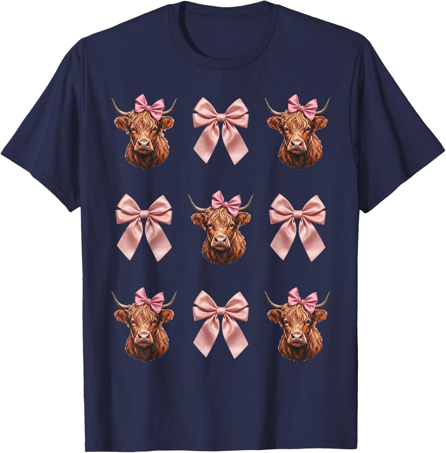 Farm Farmer Scottish Coquette Bow Ribbon Highland Cows T-Shirt - T-Shirt | Navy