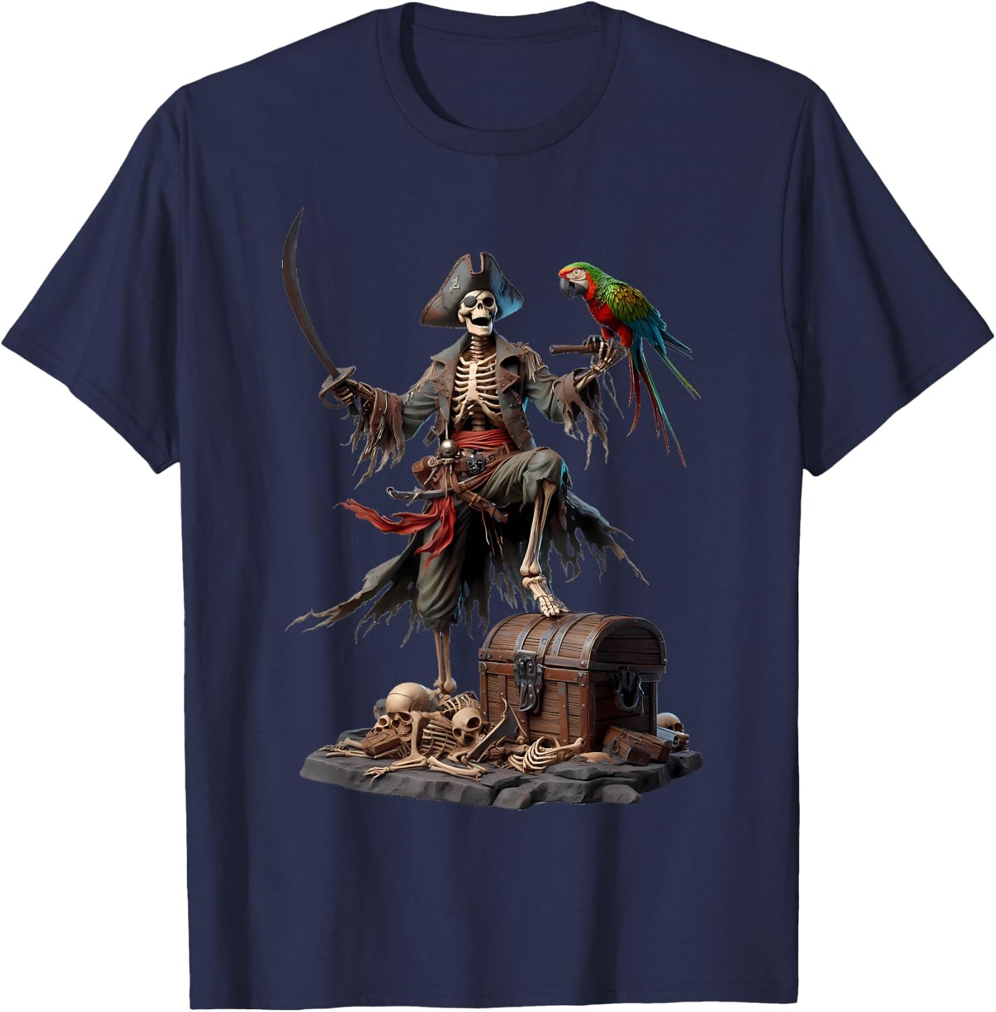 Skeleton Pirate Treasure Chest Parrot Ghostly Skull T-Shirt - T-Shirt | Navy