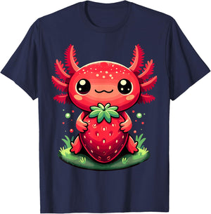Axolotls Cute Strawberry Summer Fruit Lover Kawaii Axolotl T-Shirt - T-Shirt | Navy