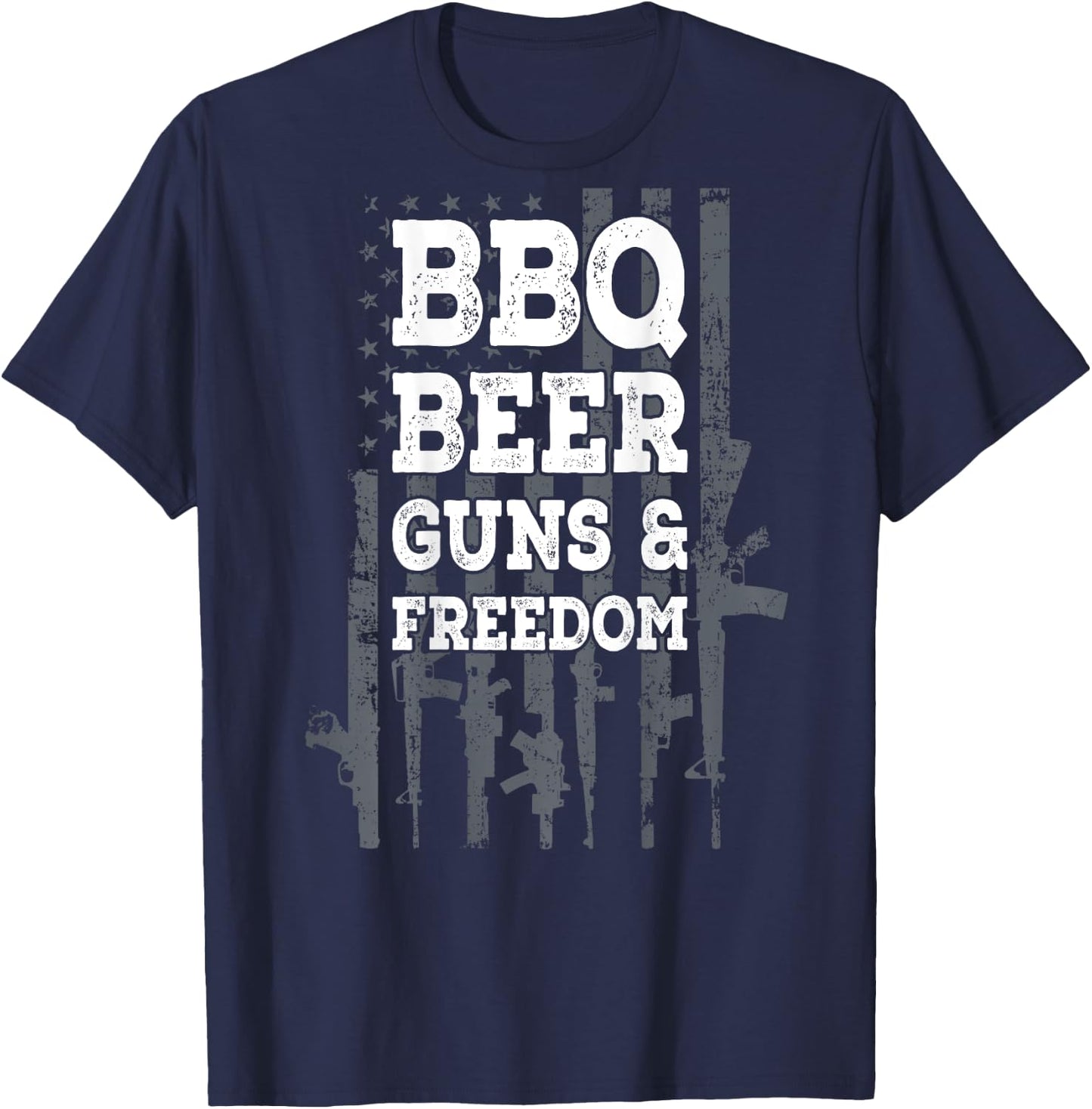 BBQ BEER GUNS & FREEDOM - USA Flag BBQ Drinking Gun ON BACK Men T-Shirt - T-Shirt | Navy