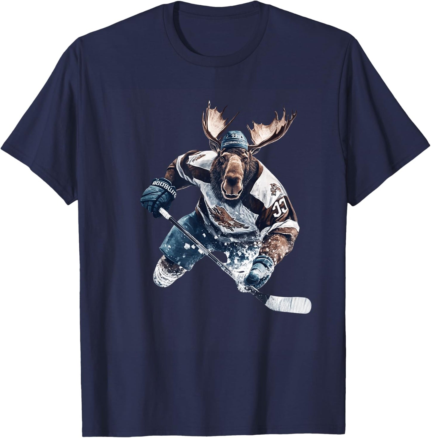 Moose Playing Hockey Humorous Sports T-Shirt - T-Shirt | Navy