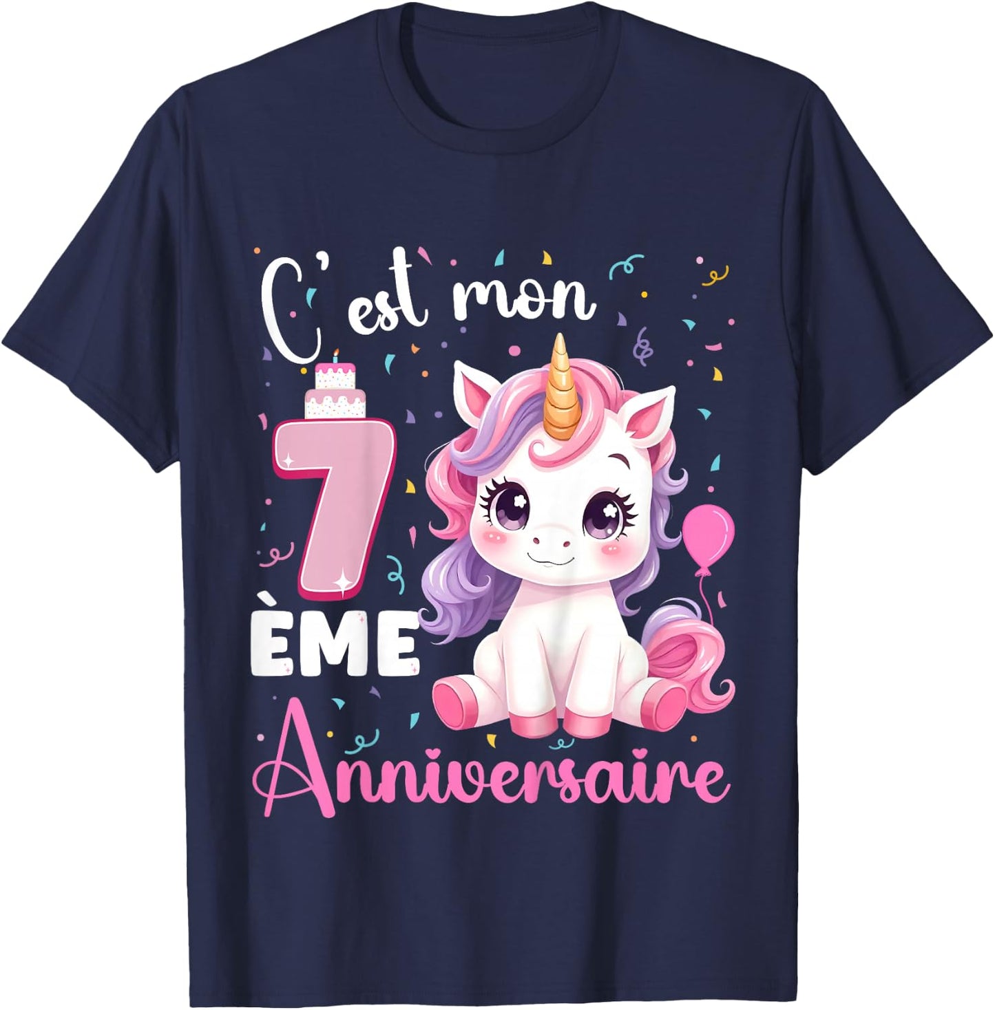 Enfant C'est Mon 7 ème Anniversaire Unicorn Birthday 7 Years , Black, 2 T-Shirt - T-Shirt | Navy