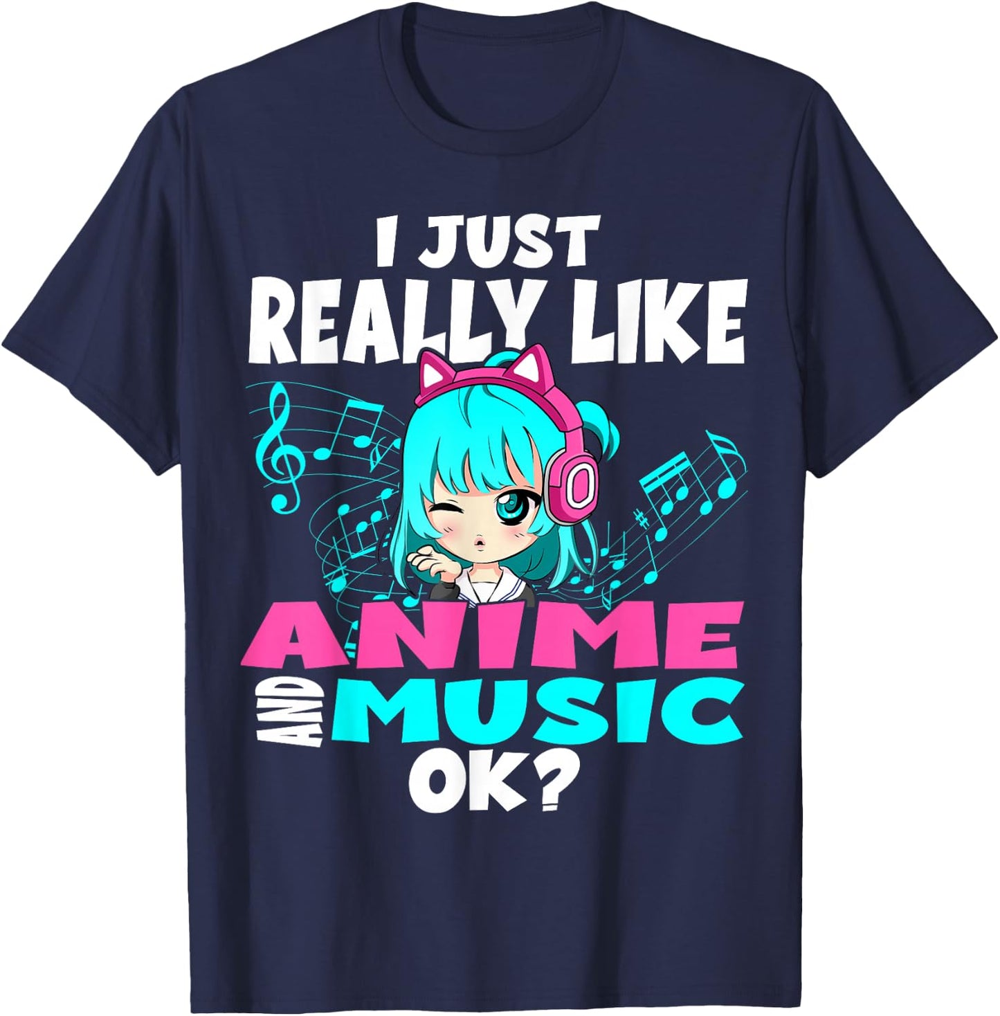 Anime and Music Kawaii Chibi Graphic Teen Anime Girl T-Shirt - T-Shirt | Navy