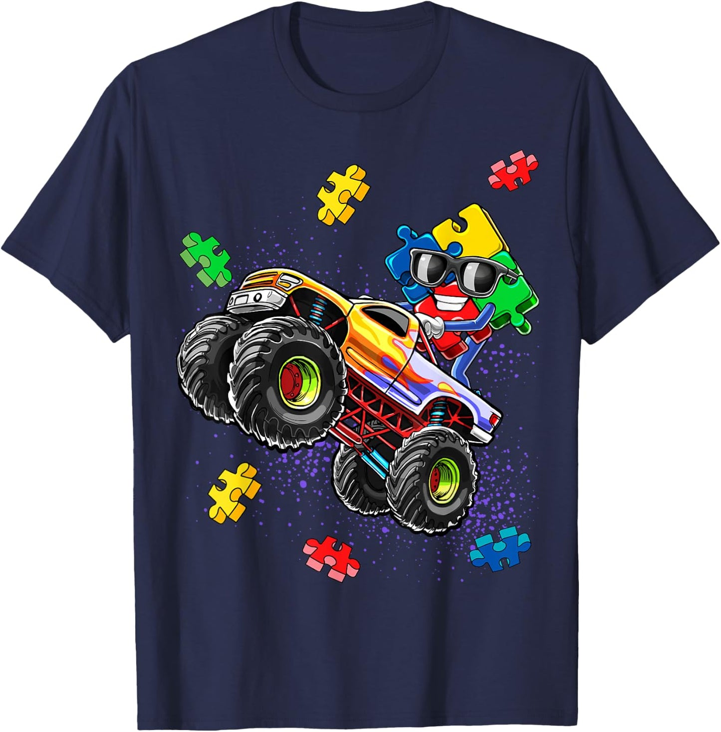 Monster Truck Autism Awareness Puzzle Piece Gift Boys T-Shirt - T-Shirt | Navy