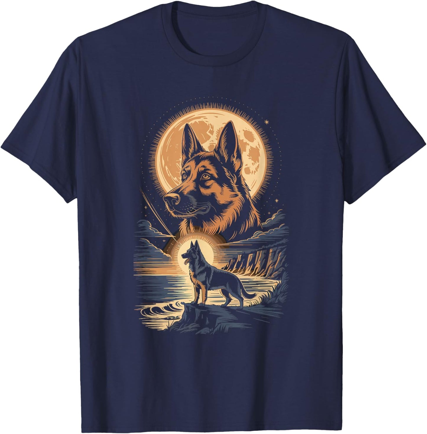 Moonlit Coast German Shepherd Night T-Shirt - T-Shirt | Navy